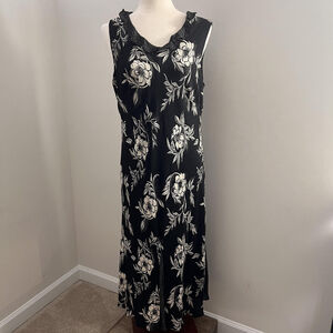 Vintage Silk Floral Dress XS Black Midi Sleeveless Whimsigoth Dark Fairy Grunge